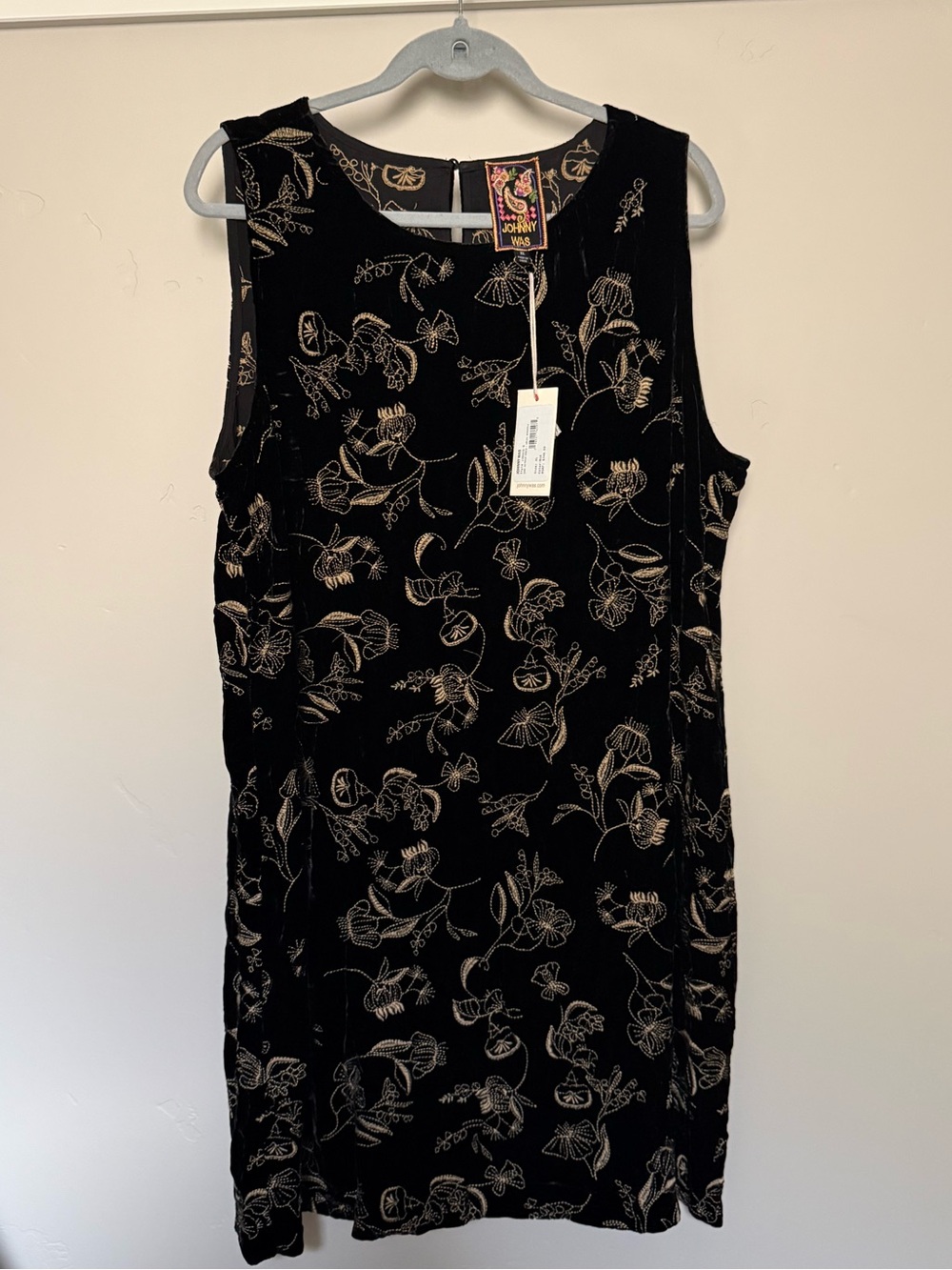 Johnny Was Black Velvet Midi Dress with Gold Floral Embroidery